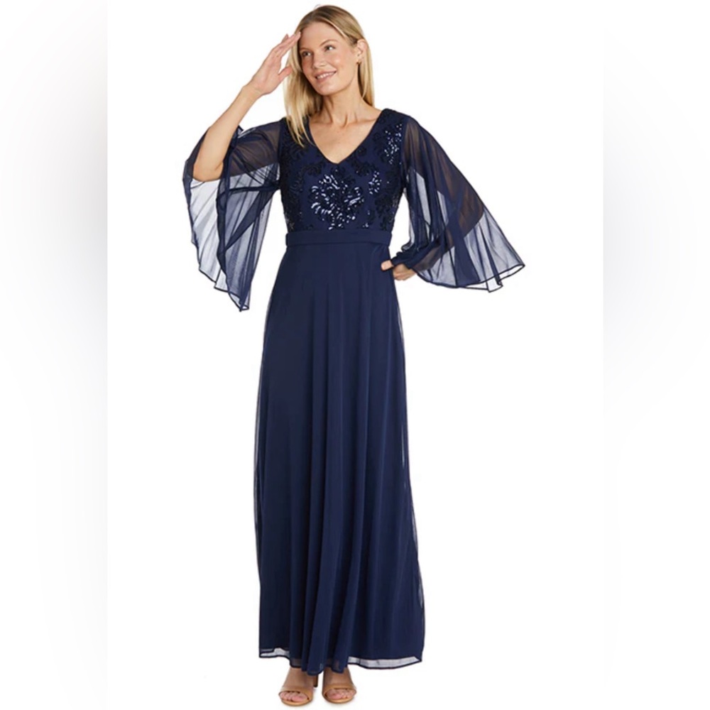 R&M Richards Long Fleur De Lis Sequin Bodice Dress with Cape Sleeves